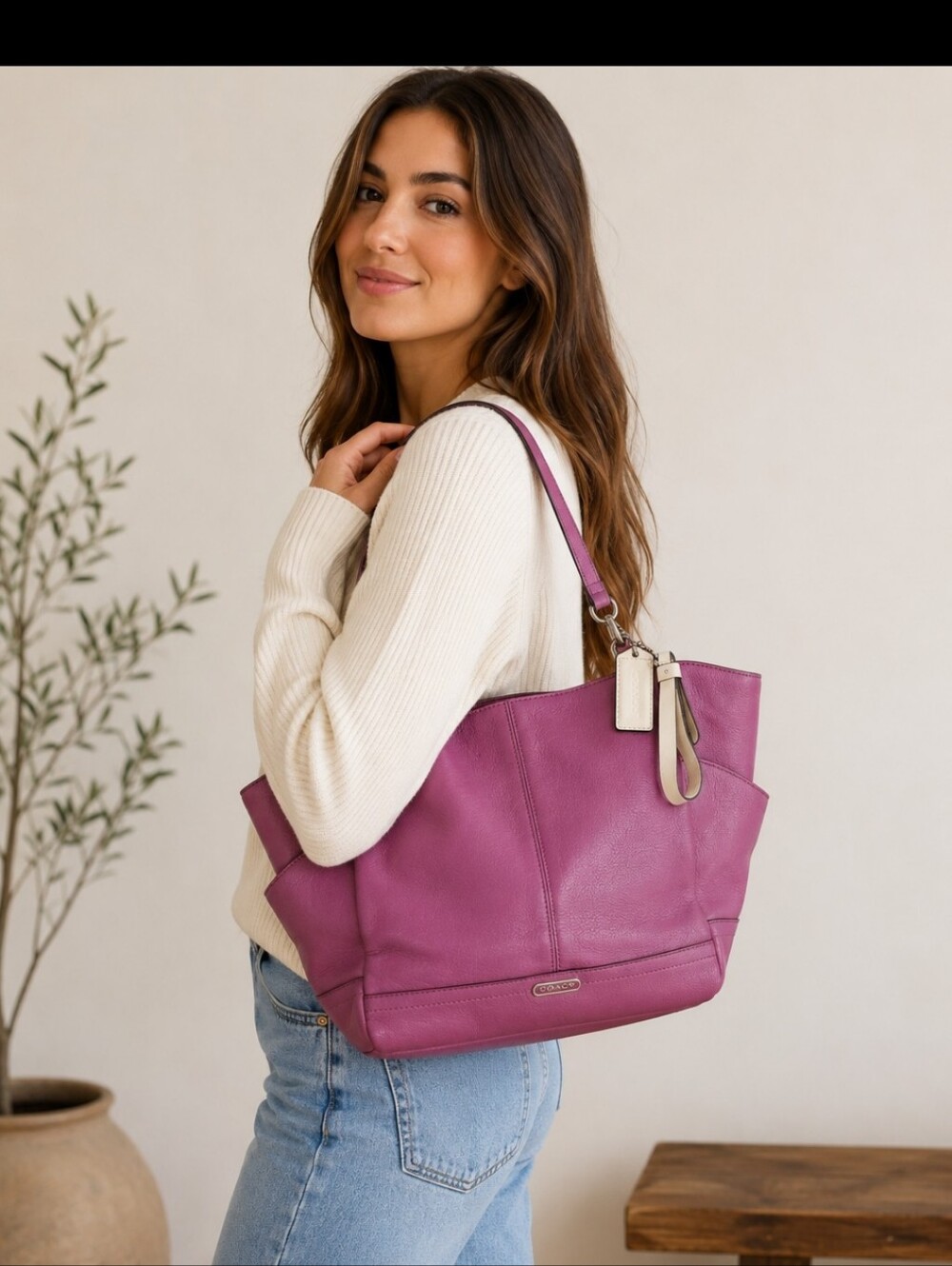 Genuine Coach Park Leather Carrie Tote Bag in Rose with Silver Hardware NWT
